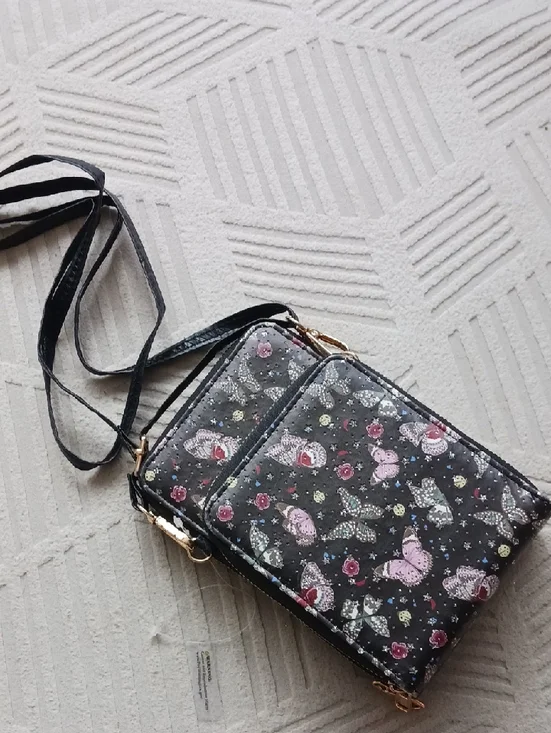 Black Butterfly Print Crossbody Wallet - Women's Bag - Picture 2 of 5